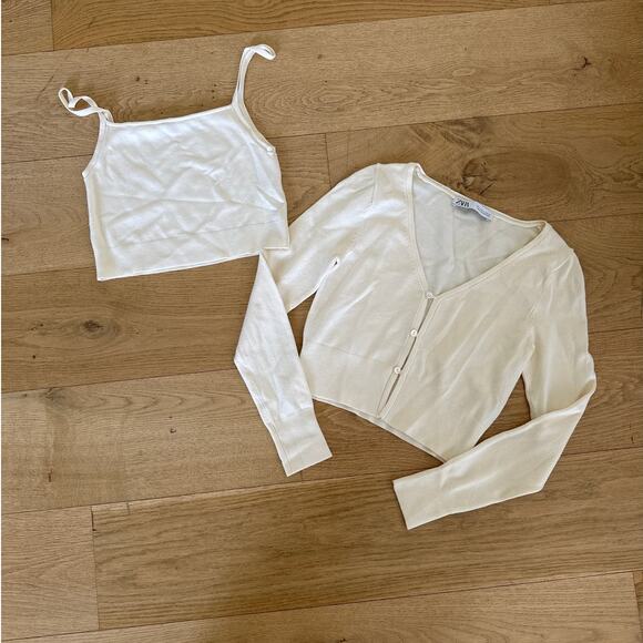 Zara - Sleeveless Cami & V Neck Cardigan Set in Cream - Picture 1 of 5